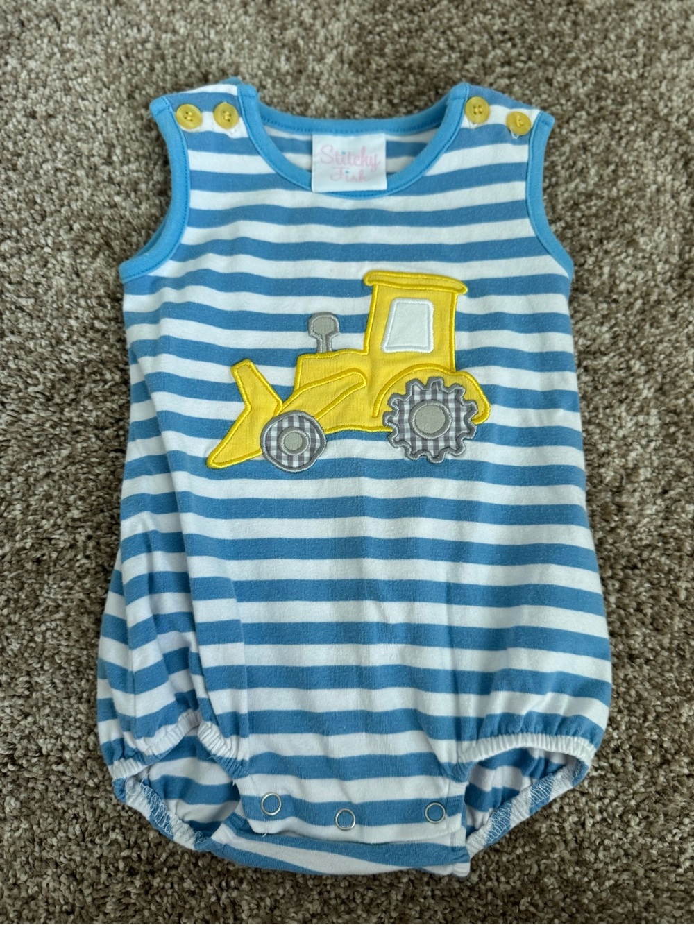 Striped Blue & White Bulldozer Baby Romper with Yellow Applique